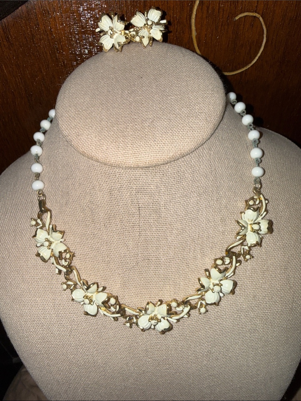 Coro Gold-Tone Necklace and Earrings with Cream Enamel Flowers